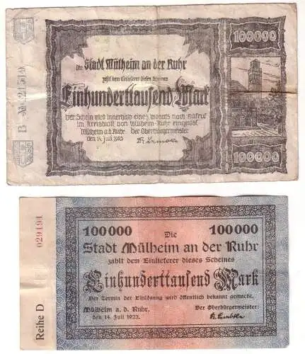 2 x 100000 Mark Banknote Infla Stadt Mülheim an der Ruhr 14.07.1923 (112723)