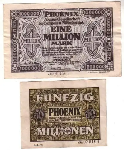 1 und 50 Millionen Mark Banknoten Düsseldorf Phönix Bergbau 1923 (110788)