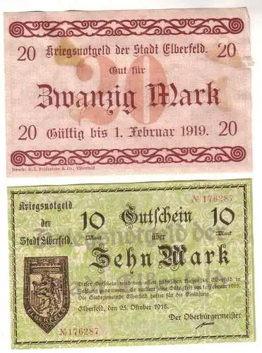 10 & 20 Mark Banknoten Notgeld Stadt Elberfeld 25.10.1918 (112322)