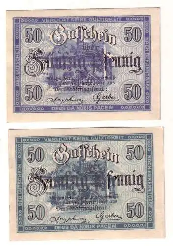 2 x 50 Pfennig Banknoten Notgeld Stadt Ochsenfurt am Main 1919 (112400)