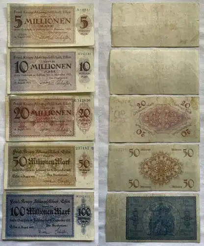 5 bis 100 Millionen Mark Banknoten Stadt Essen Fried.Krupp 1923 (154476)