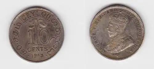 10 Cents Münze Silber Ceylon 1913 Georg V. vz (153745)