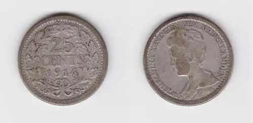 25 Cents Silber Münze Niederlande Wilhelmina 1914 f.ss (152652)