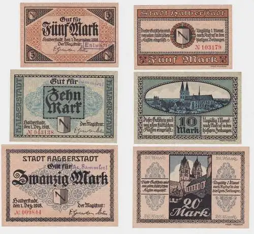 5, 10 & 20 Mark Banknoten Notgeld Stadt Halberstadt 1.12.1918 (132642)