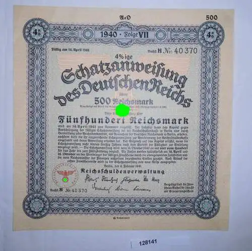 500 Reichsmark Schatzanweisung des Deutschen Reichs Berlin 6.2.1941 (128141)
