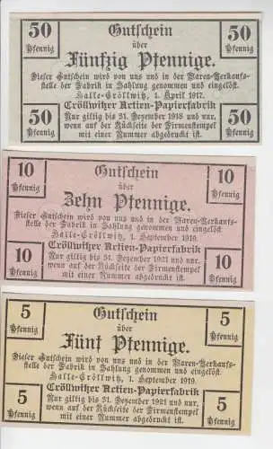 3 x Banknoten Cröllwitzer Actien Papierfabrik Halle 1917-1919 (111816)