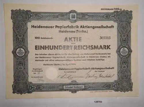 100 Reichsmark Aktie Heidenauer Papierfabrik AG April 1938 (128703)
