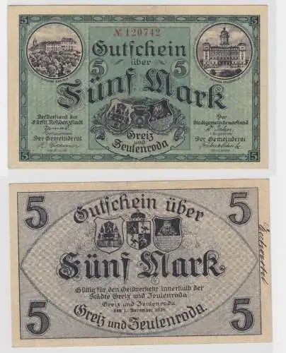 5 Mark Banknote Großnotgeld Städte Greiz und Zeulenroda 1.11.1918 (135621)