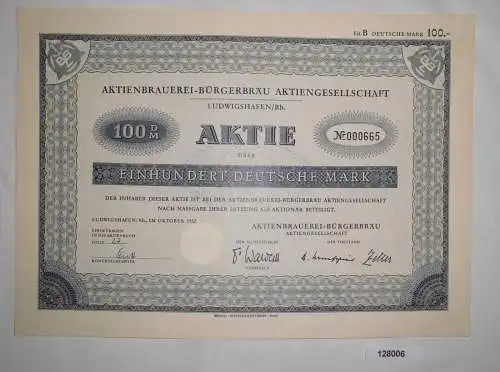 100 Mark Aktie Aktienbrauerei-Bürgerbräu AG Ludwigshafen/Rhein Okt.1952 (128006)