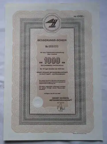 1000 Reichsmark Aktie Ernst Heinkel AG Besserungs-Schein 30.Juni 1962 (120947)