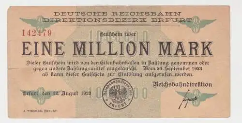 1 Million Mark Banknote Reichsbahndirektion Erfurt 12.8.1923  (137734)