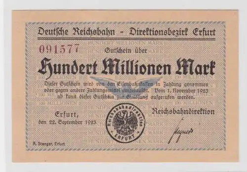 100 Millionen Mark Banknote Reichsbahndirektion Erfurt 22.09.1923 (137408)