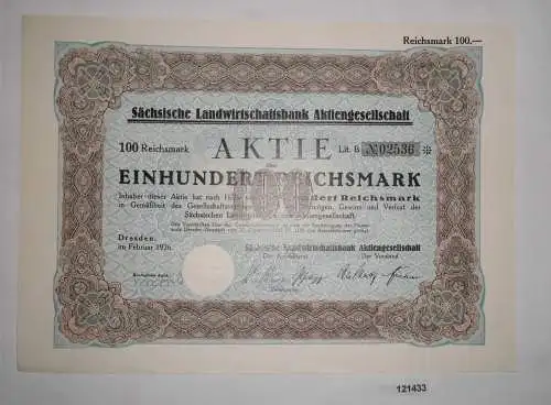 100 RM Aktie Sächsische Landwirtschaftsbank AG Dresden Februar 1926 (121433)