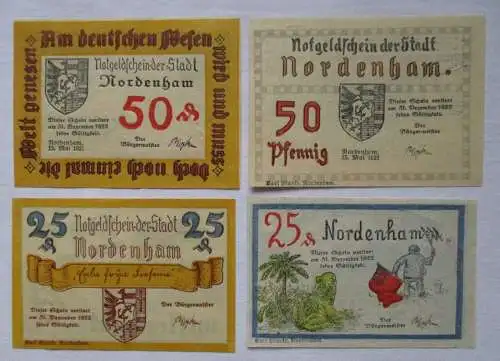 2 x 25 und 2 x 50 Pfennig Banknoten Notgeld Stadt Nordenham 1921 (111421)