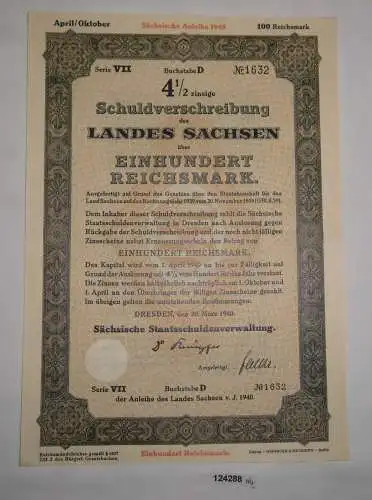 100 RM Schuldverschreibung Sächsische Staatsschuldenverwaltung 1940 (124288)
