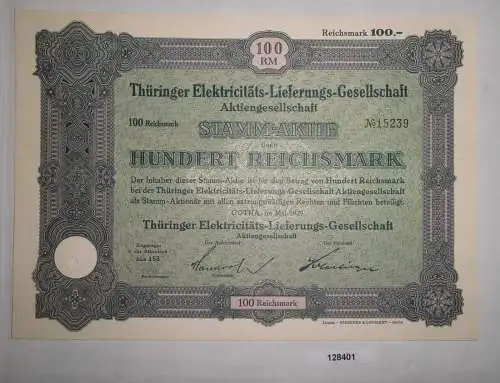100 RM Aktie Thüringer Elektricitäts-Lieferungs-Gesellschaft Gotha 1929 (128401)