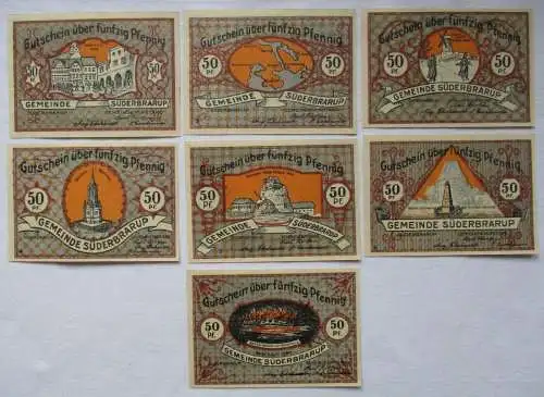 7 x 50 Pfennig Banknoten Notgeld Gemeinde Süderbrarup 1920 (118128)