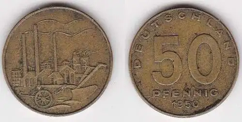 50 Pfennig Messing Münze DDR 1950 Pflug vor Industrielandschaft (122676)