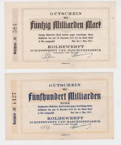50 & 500 Milliarden Mark Banknoten Kiel Kolbewerft 1923 (137428)