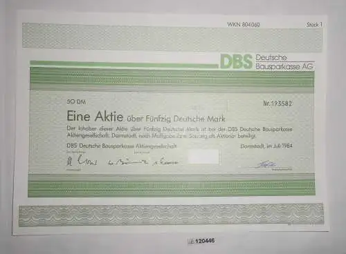 50 Mark Aktie DBS Deutsche Bausparkasse AG Darmstadt Juli 1984 (120446)