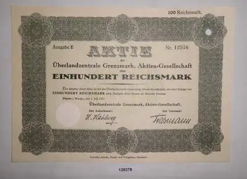 100 Reichsmark Aktie Überlandzentrale Grenzmark AG Flatow 1. Juli 1931 (128378)