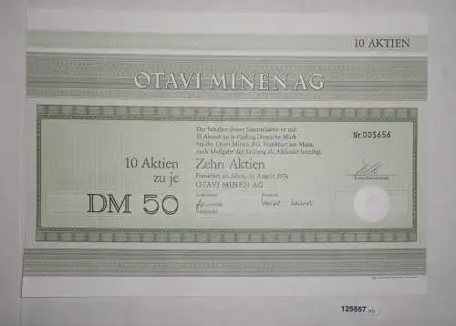 50 Mark zehn Aktien Otavi Minen AG Frankfurt am Main August 1976 (125557)