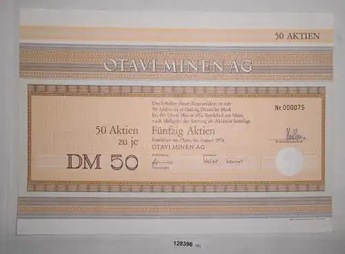 50 Mark fünfzig Aktien Otavi Minen AG Frankfurt am Main August 1976 (128396)