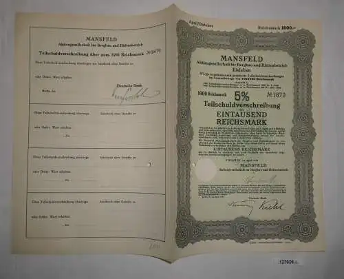 1000 RM Schuldverschreibung Mansfeld AG für Bergbau & Hüttenbetrieb 1939 /127926