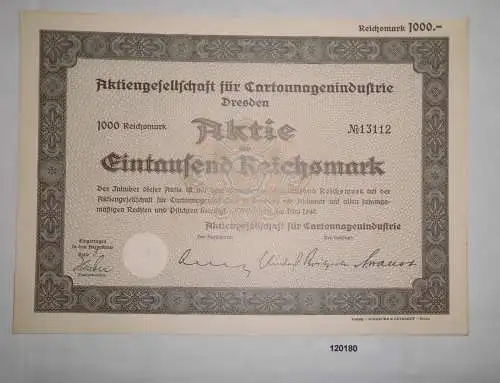 1000 Reichsmark Aktie AG für Cartonnagenindustrie Dresden Mai 1940 (120180)