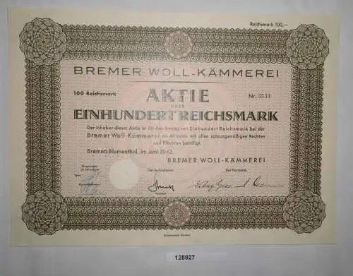 100 RM Aktie Bremer Woll-Kämmerei Bremen-Blumenthal Juni 1942 (128927)