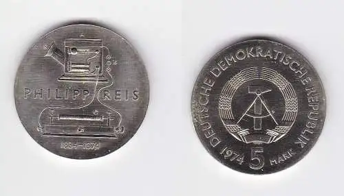 DDR Gedenk Münze 5 Mark Philipp Reis 1974 Stempelglanz (128630)