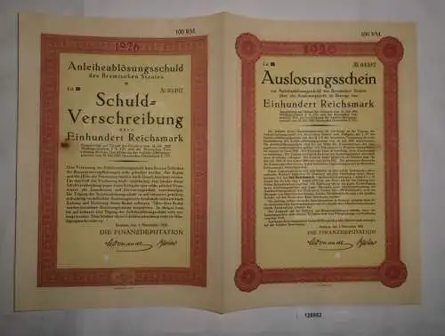 100 RM Auslosungsschein Finanzdeputation Bremischer Staat 1.11.1926 (128953)