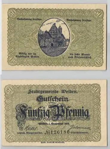 50 Pfennig Banknote Notgeldschein Weiden 1. September 1918 kassenfrisch (129194)