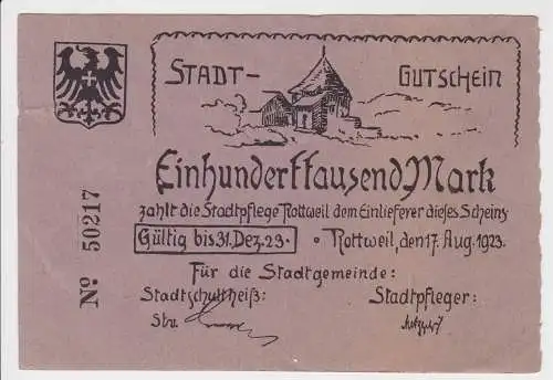 100000 Mark Inflation Banknote Stadtgemeinde Rottweil 17.8.1923 (129330)