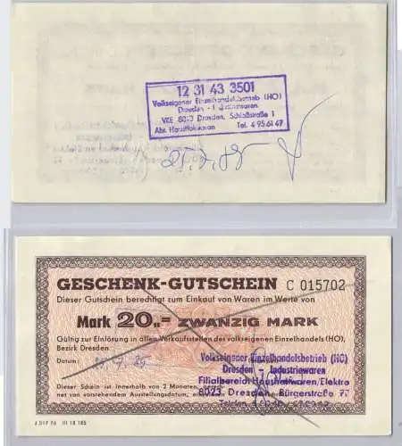 20 Mark Banknote Geschenk-Gutschein HO Bezirk Dresden 25. Juli 1985 (129274)