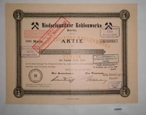 1000 Mark Aktie Niederlausitzer Kohlenwerke Berlin 15. Juli 1914 (126892)