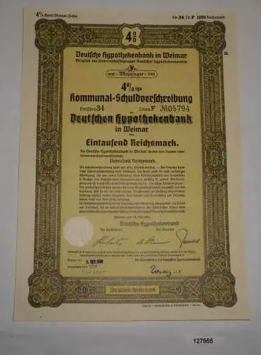 1000 RM Schuldverschreibung Deutsche Hypothekenbank Weimar 30. Mai 1941 (127955)