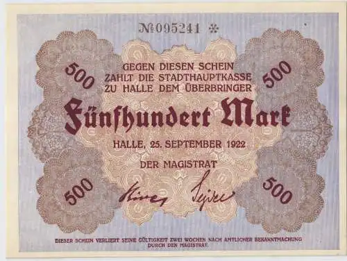500 Mark Banknoten Stadt Halle 25.September 1923 kassenfrisch (129719)