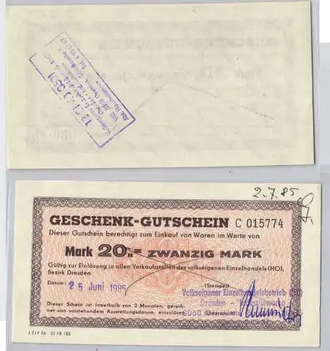 20 Mark Banknote Geschenk-Gutschein HO Bezirk Dresden 25. Juni 1985 (129135)