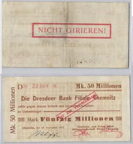 50 Millionen Mark Banknote Chemnitz Dresdner Bank 19. September 1923 (129798)