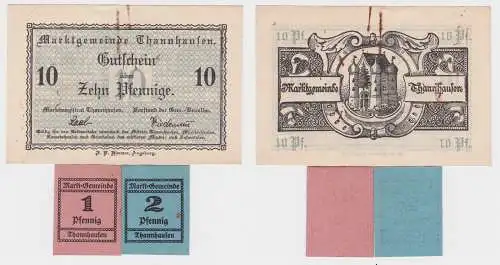 1,2 & 10 Pfennig Banknoten Notgeld Marktgemeinde Thannhausen um 1920 (123582)