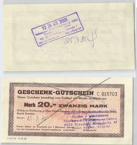 20 Mark Banknote Geschenk-Gutschein HO Bezirk Dresden 25. Juli 1985 (129127)