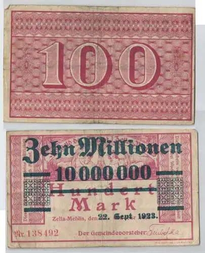 10 Millionen Mark Banknote Stadt Zella Mehlis 21.9.1923 (129753)