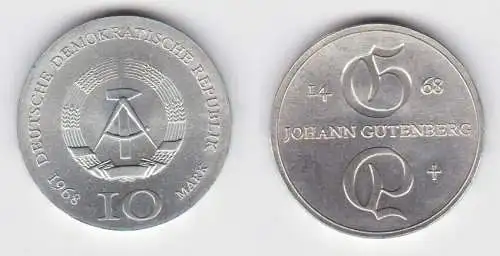DDR Gedenk Silber Münze 10 Mark Johann Gutenberg 1968 Stempelglanz (140851)