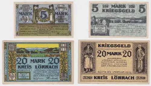 5 und 20 Mark Banknoten Kriegsgeld Kreis Lörrach 1.November 1918 (130375)