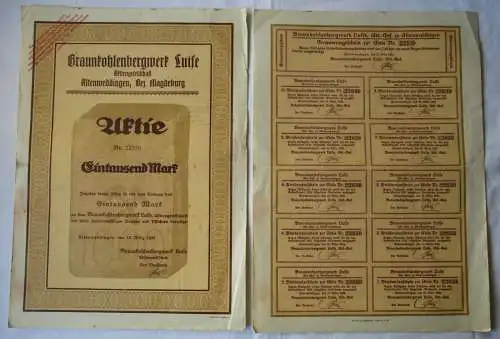 1000 Mark Aktie Braunkohlenbergwerk Luise Altenweddingen 10.03.1923 (123330)