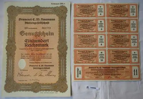 100 RM Genußschein Brauerei C.W. Naumann AG Leipzig-Plagwitz 18.10.1933 (140686)