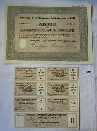 100 Reichsmark Aktie Brauerei C.W. Naumann AG Leipzig 6.Juni 1941 (140580)