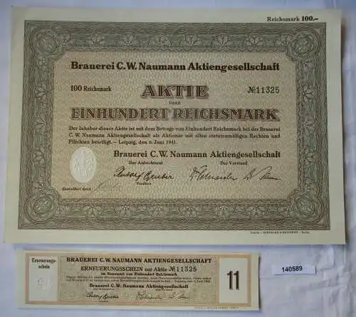 100 Reichsmark Aktie Brauerei C.W. Naumann AG Leipzig 6.Juni 1941 (140589)