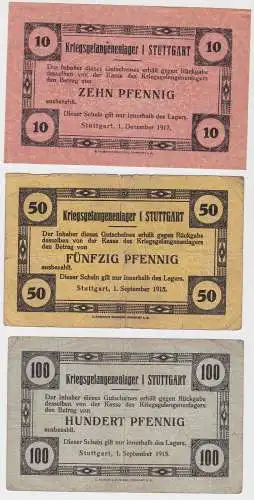 10, 50 & 100 Pf Banknoten Gefangenenlager Stuttgart 1.September 1915/17 (130544)